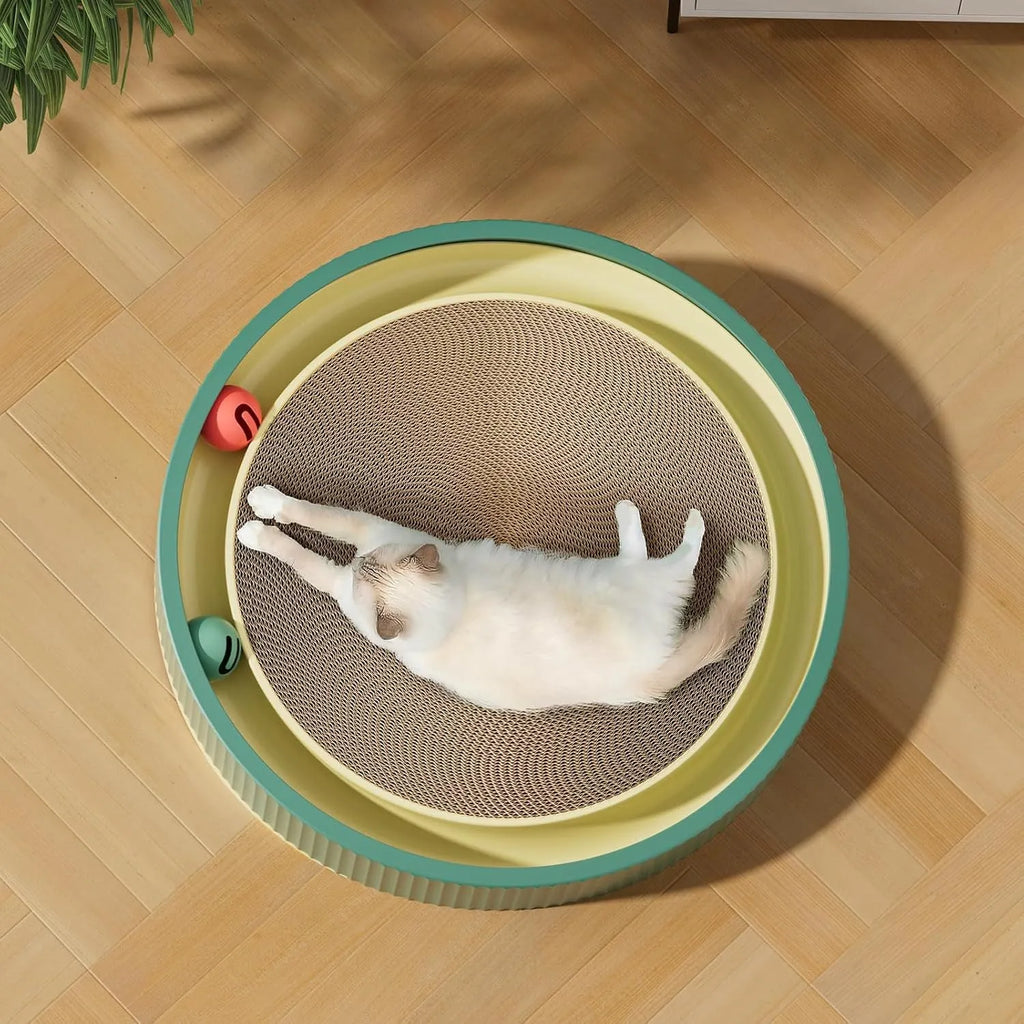 Large green circular cat scratching board with ball track and plush toy for indoor cats