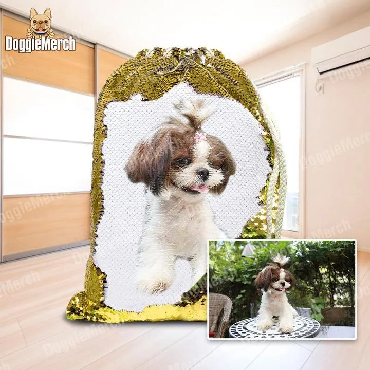 Custom purple sequin backpack with pet photo, drawstring opening, measuring 34x45cm