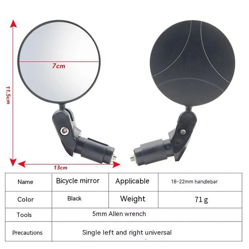 Black foldable convex rearview mirror for a motorcycle showing its 7cm diameter.