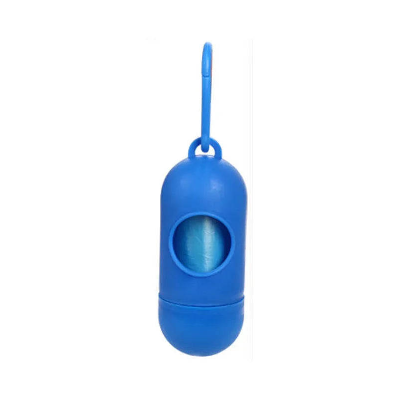 Set of five coloured dog waste poop bags showing black, blue, red, green, pink, and purple options.