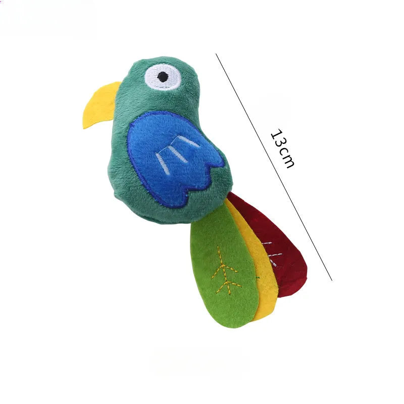 Plush cat toy shaped like a cow, a parrot, or a crocodile with catnip for bite-resistant interactive play.