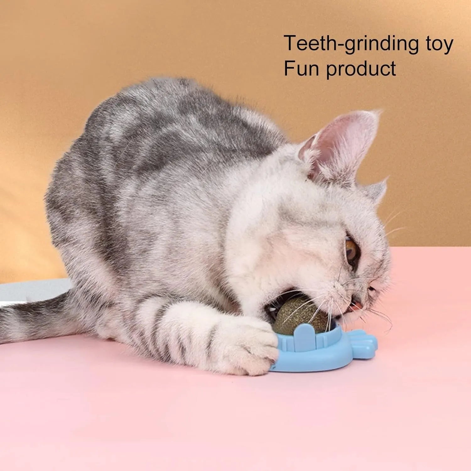 Blue carrot-shaped catnip toy with self-adhesive sticker for wall mounting and cat dental cleaning