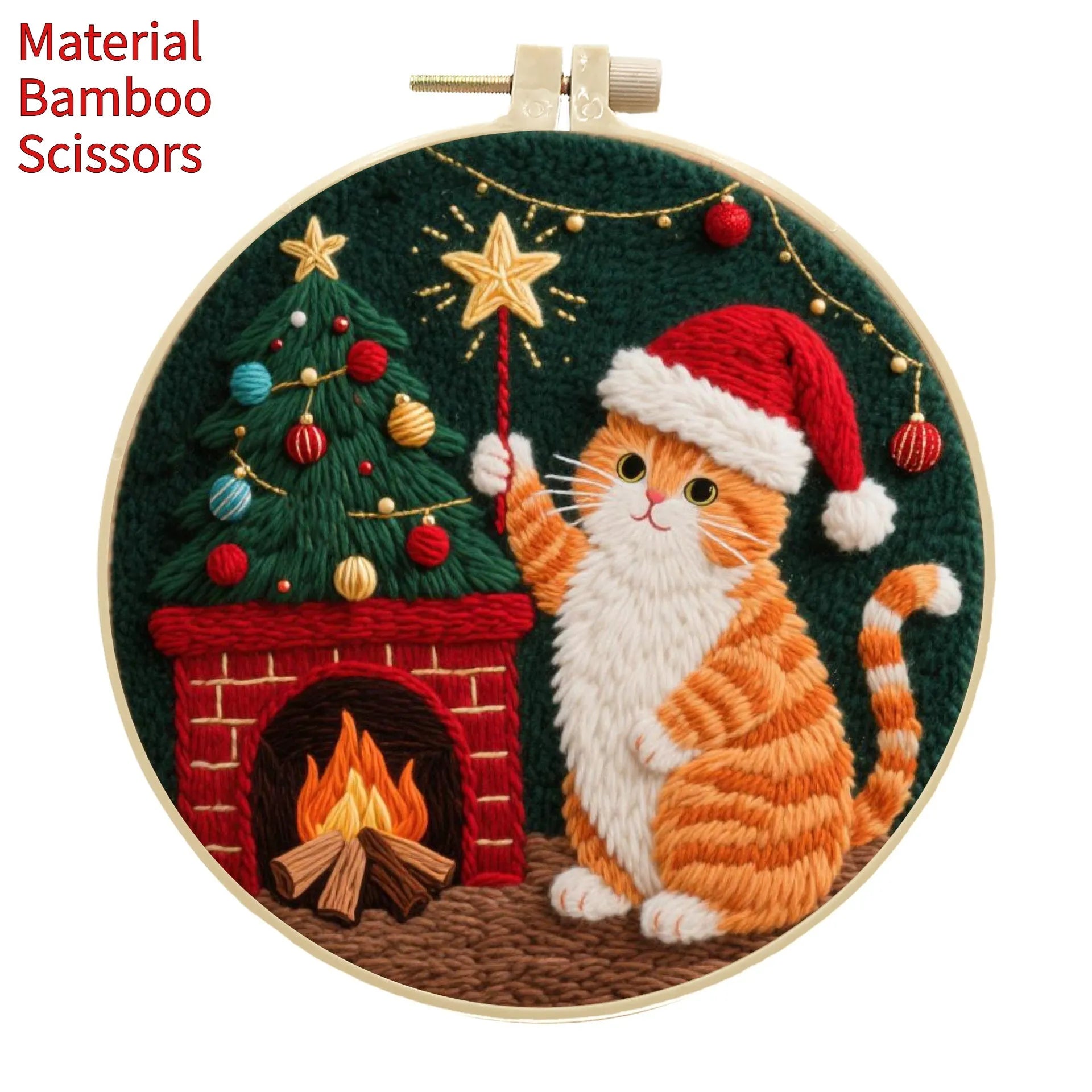 Cat embroidery DIY material package with autumn fruit designs on cotton linen fabric and 20cm bamboo frame