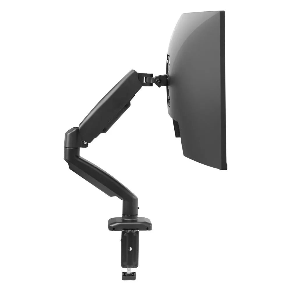 Black rotating telescopic LCD screen bracket with elevated storage rack on desk