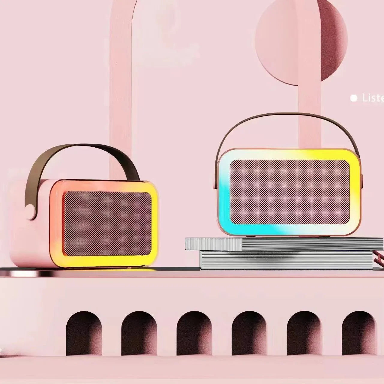 Portable white Bluetooth speaker with microphone and coloured LED lights for karaoke and outdoor use.