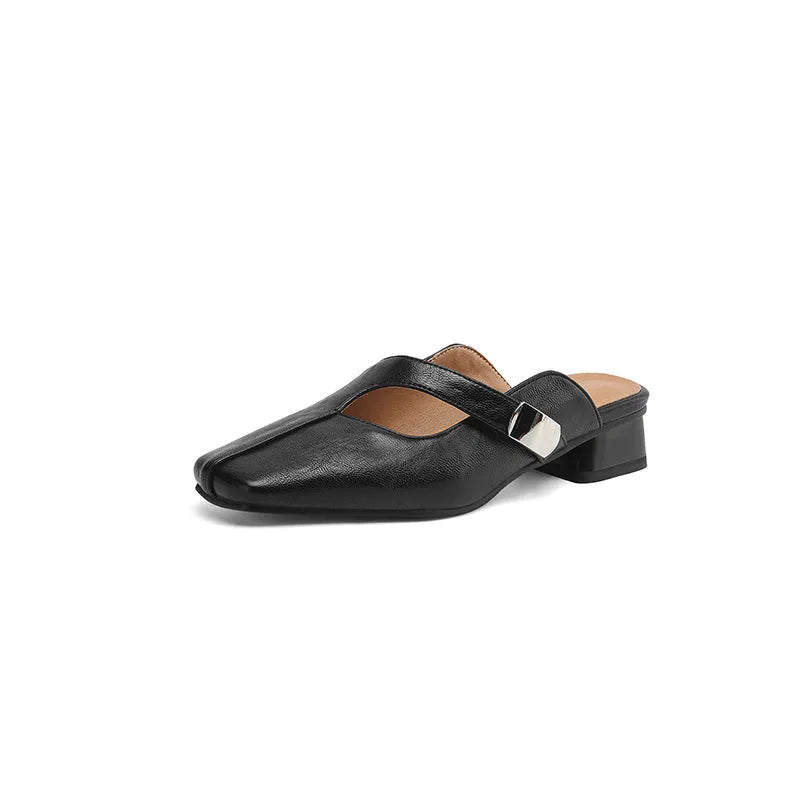British style square head outdoor slippers in black with low heel and rubber sole