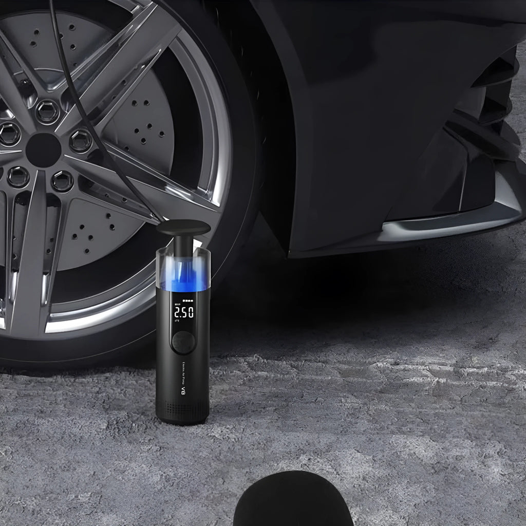 Black electric tyre pump with digital display and long hose for car and bicycle inflation