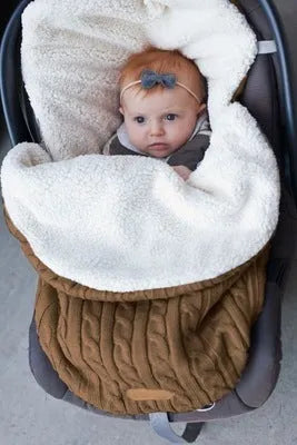 Envelope-style baby stroller sleeping bag in beige with lamb cashmere lining and cotton wool filling