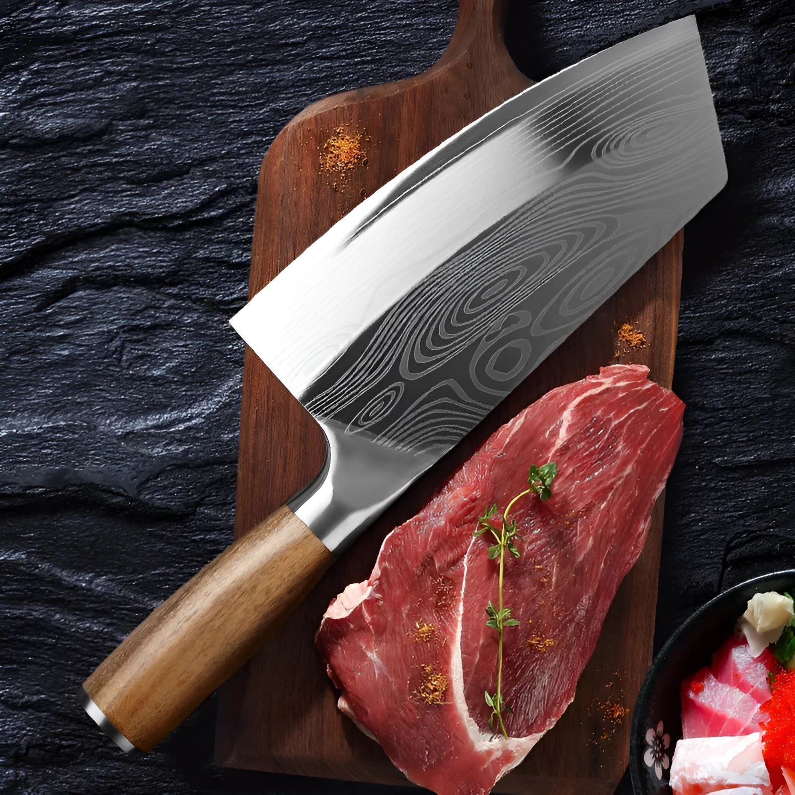 Stainless steel kitchen knife with a 320mm blade on a wooden cutting board.
