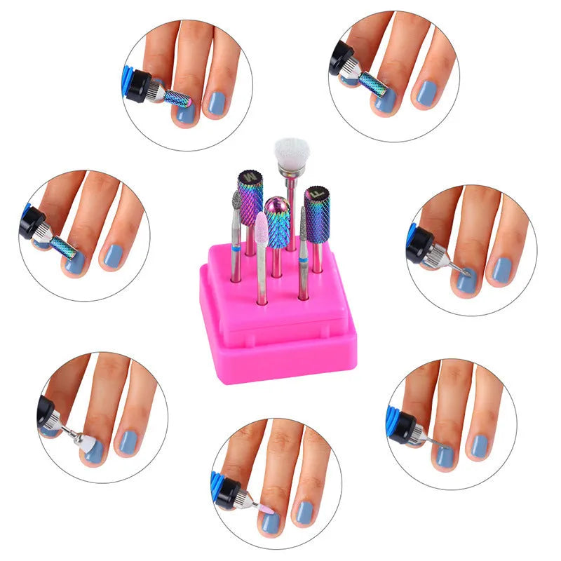 Tungsten steel nail polishing head set with 7 pieces including drill bits and brush