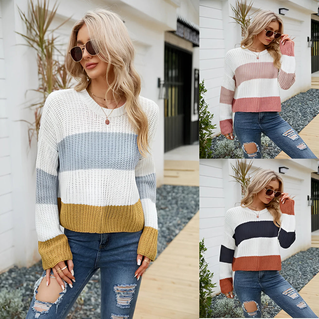 Women's short striped pullover sweater in loose acrylic knit with regular sleeves