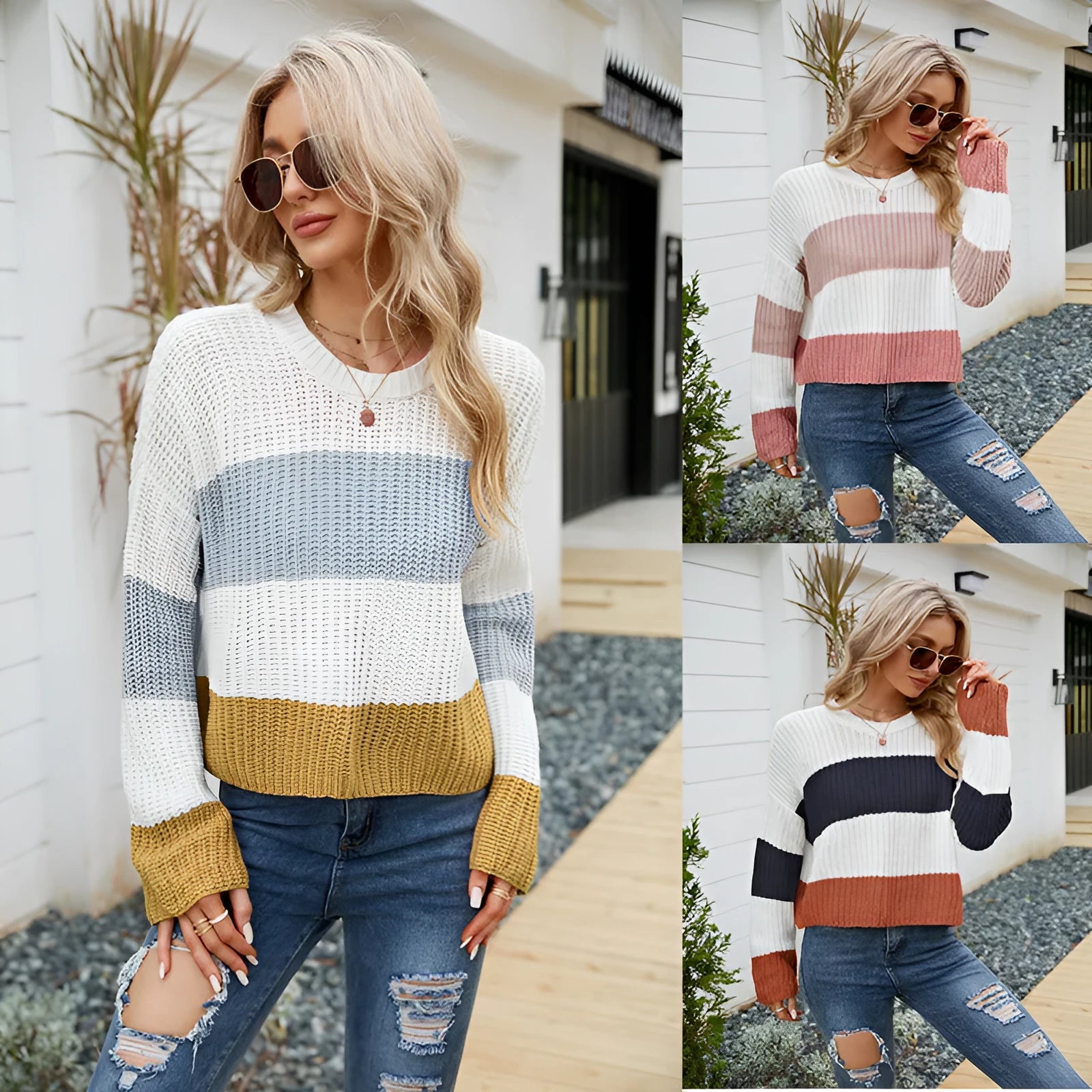 Women's short striped pullover sweater in loose acrylic knit with regular sleeves
