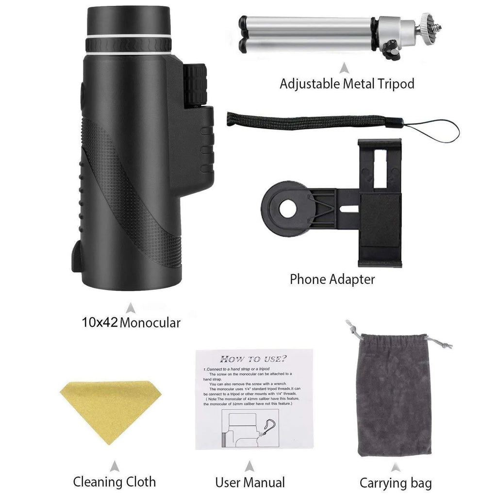 Black 40x60 monocular telescope with smartphone compatibility showing 40x magnification and waterproof construction