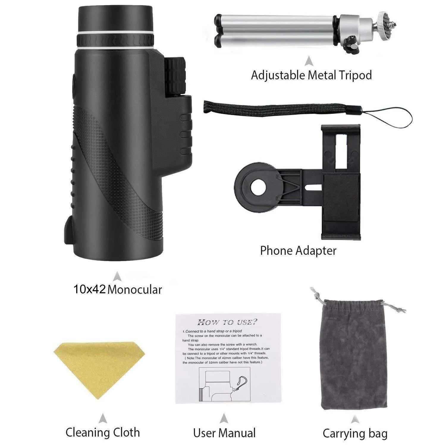 Black 40x60 monocular telescope with smartphone compatibility showing 40x magnification and waterproof construction