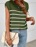 Women's striped sleeveless vest pullover with bone stitching detail in acrylic knit fabric