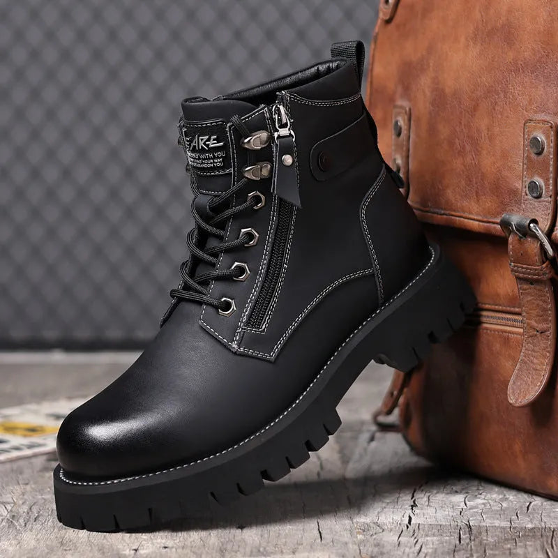 Men's brown leather high-top boots with side zipper and round toe