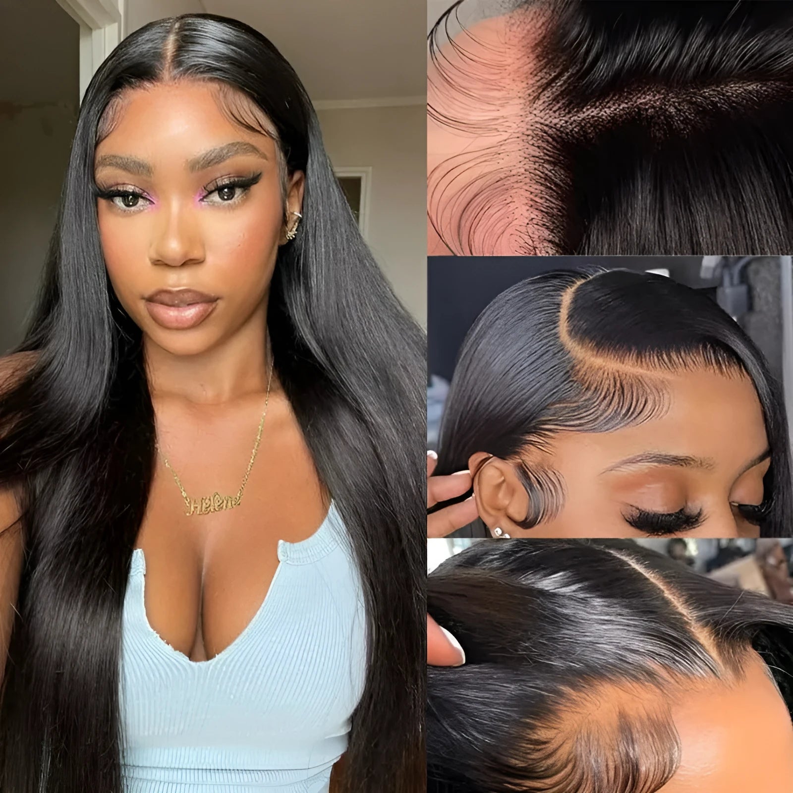 Black straight human hair wig with a 13x6 lace front, shown in a long length