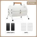 White round portable folding charcoal grill with detachable frying and baking components