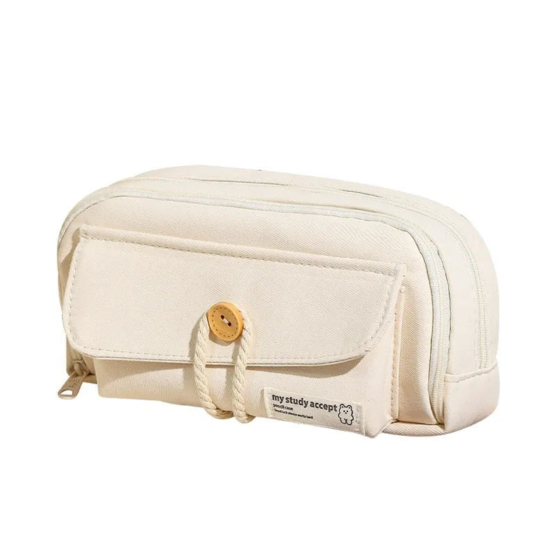 Korean-style canvas pencil case in green, beige, blue or grey holding multiple pens