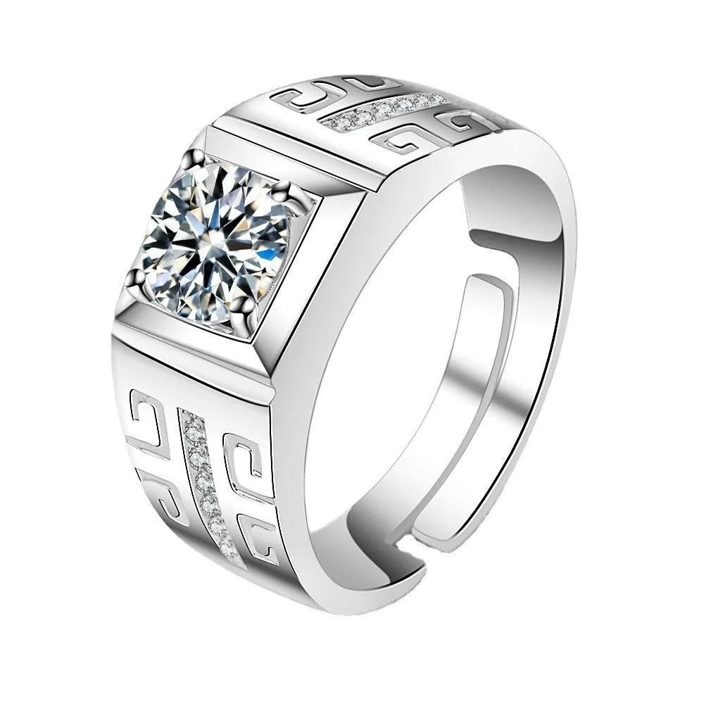 Men's adjustable copper ring with large square diamond in gold or platinum colour finish