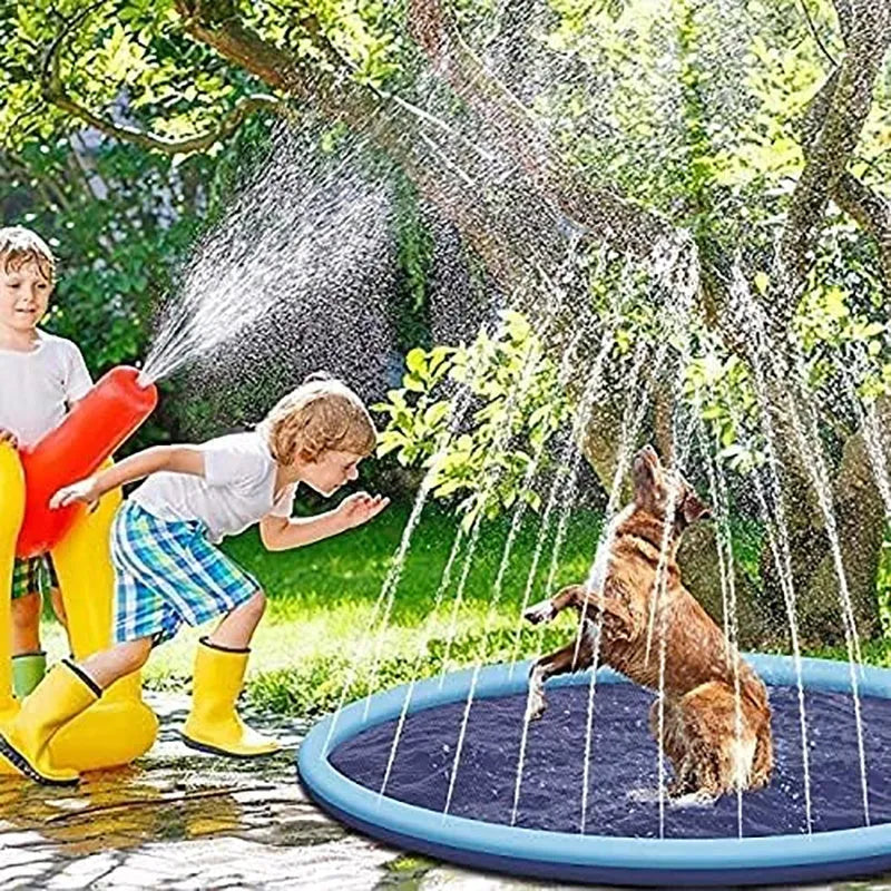 A large blue dog splash pad with a textured bottom, filled with shallow water.