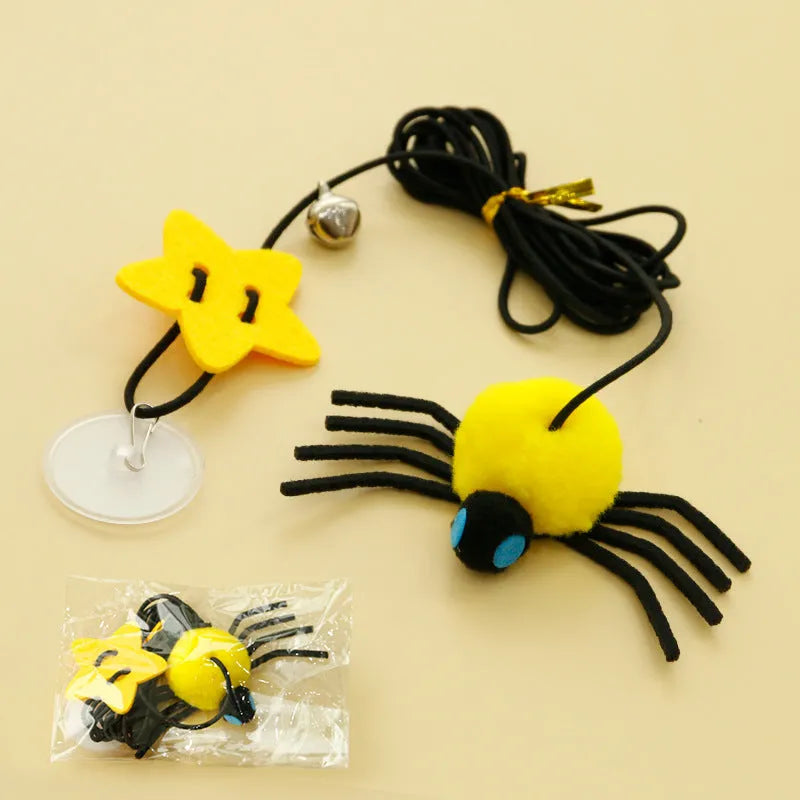 Red or yellow cat hanging door toy with elastic rope, feather, and bell for interactive play