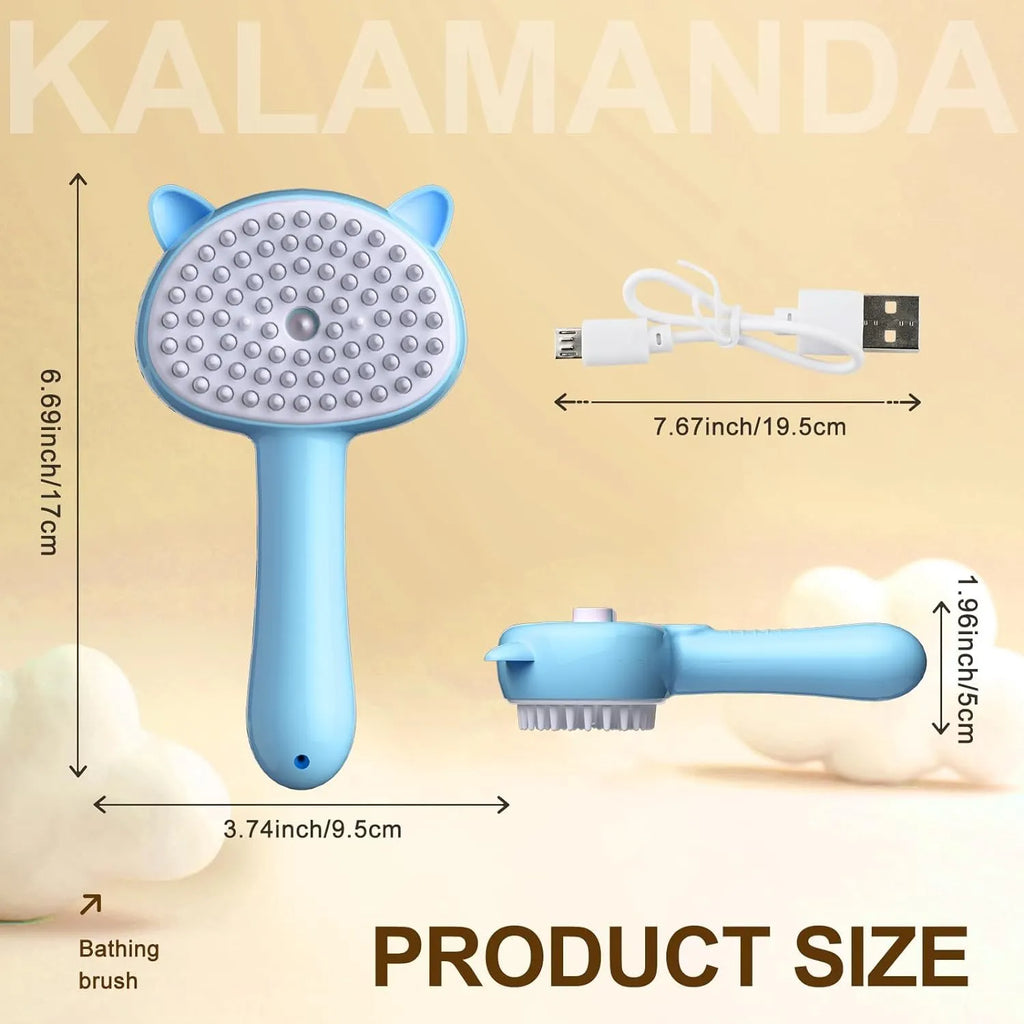 Blue cat steam brush with rubber bristles and misting function for pet grooming