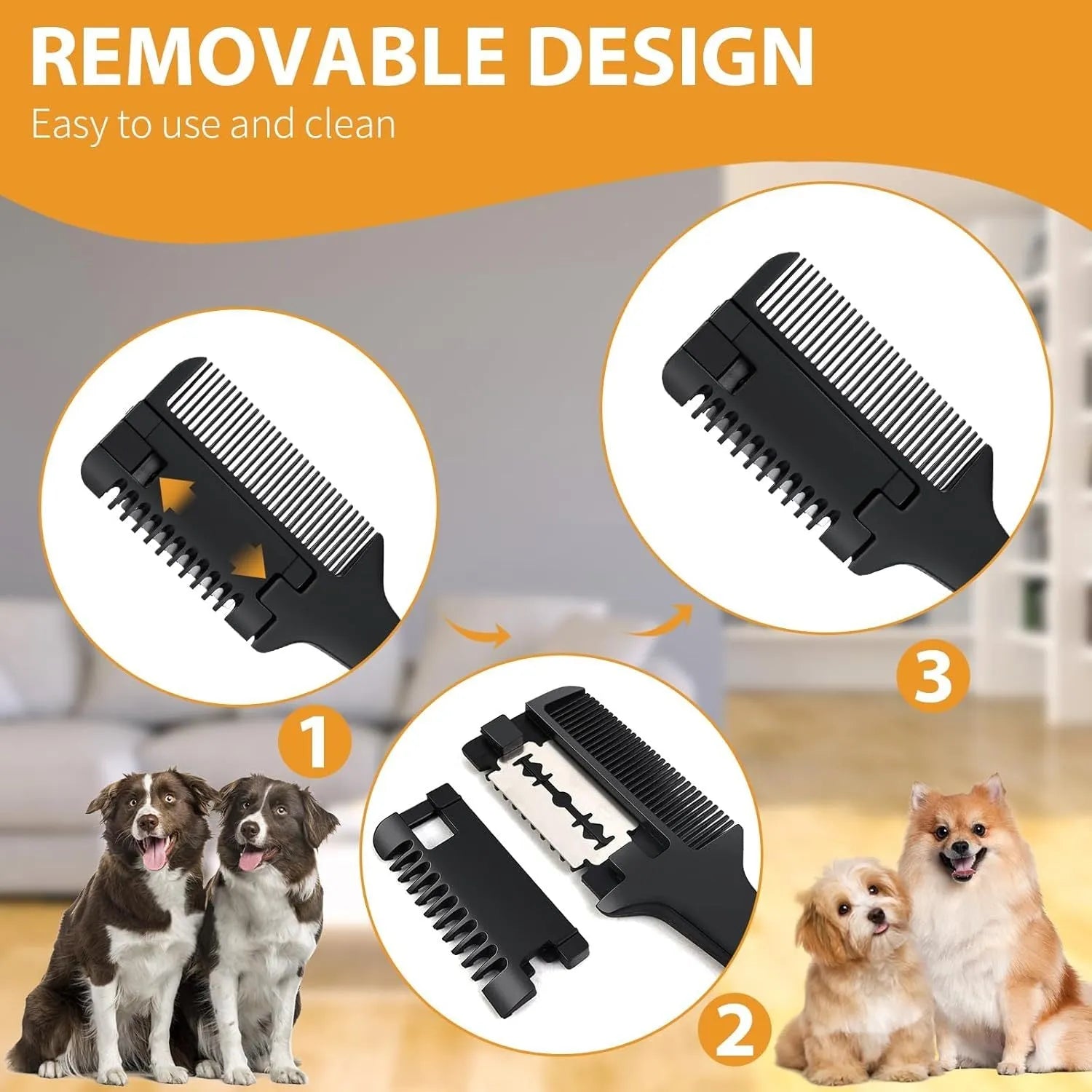 Dog cat razor comb grooming tool with comb teeth and razor blades for detangling and trimming pet hair