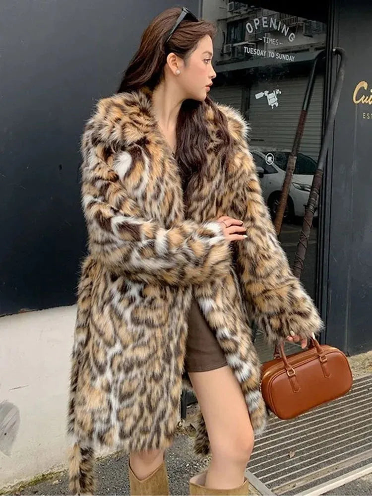 Women's artificial fur coat with fur collar in street fashion style showing mid-length and long options