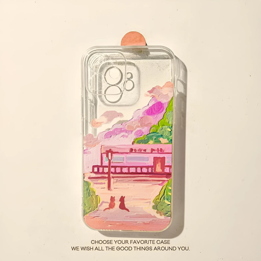 Soft silicone iPhone case with a colourful cartoon print of two cats on the back.