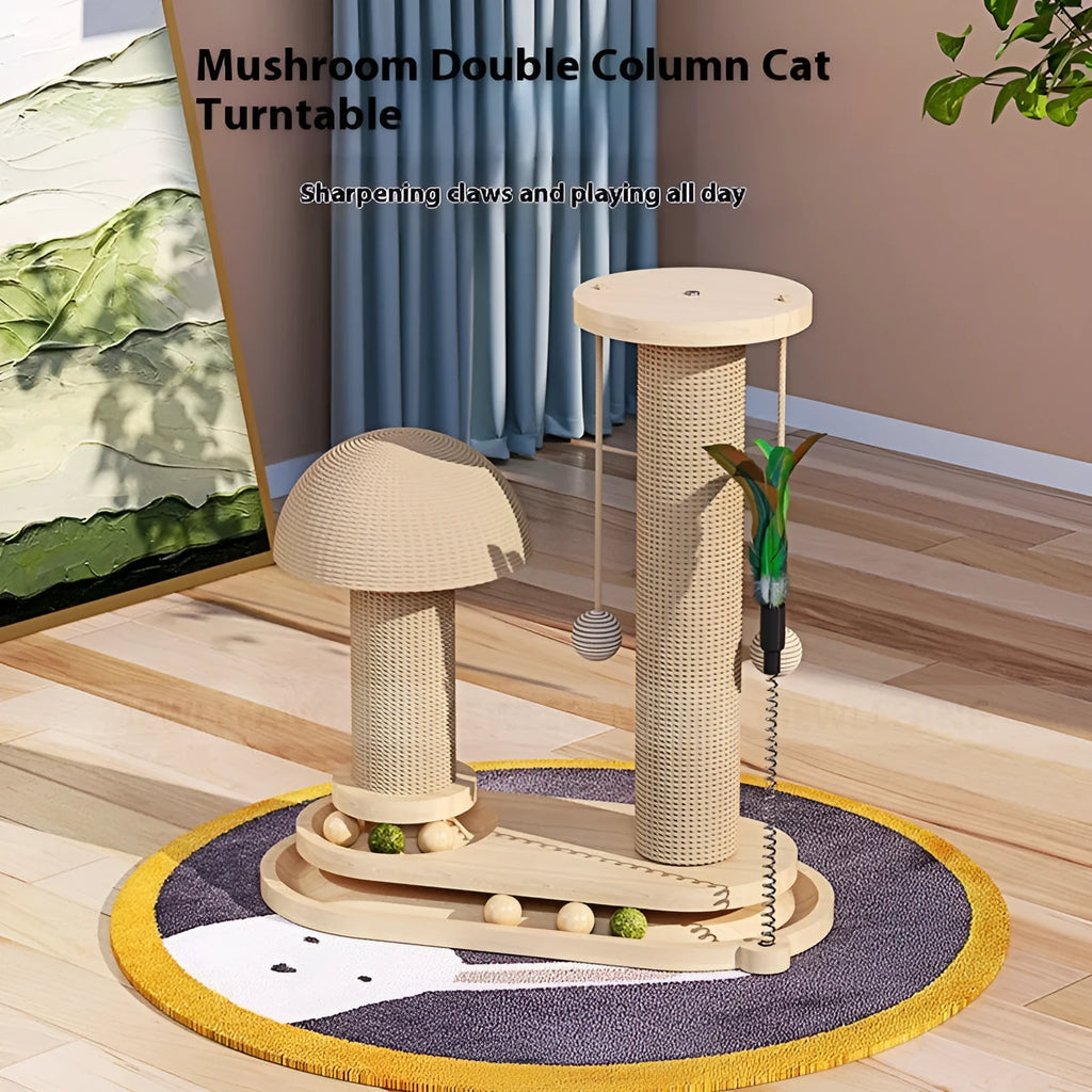 Solid wood cat climbing frame with a central rotating turntable, shown in a basic style big flower design.