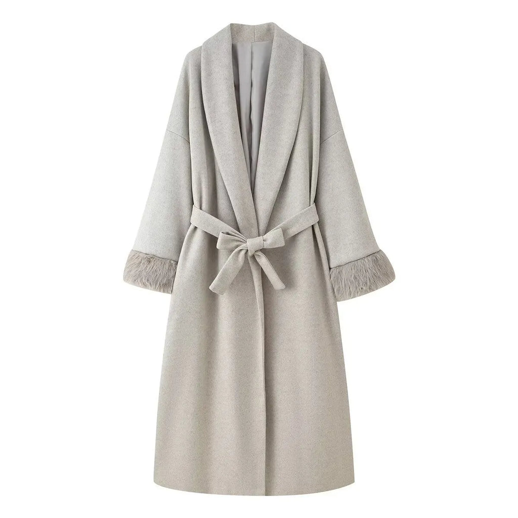 Solid colour lacing cuff woolen coat in apricot, loose fit polyester autumn winter jacket