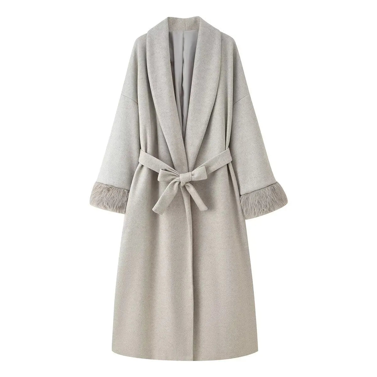 Solid colour lacing cuff woolen coat in apricot, loose fit polyester autumn winter jacket