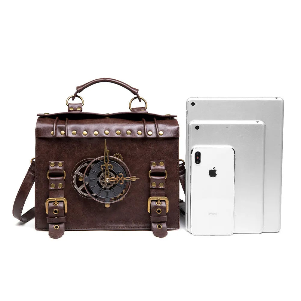 Bronze steampunk industrial retro shoulder bag with metal hardware details