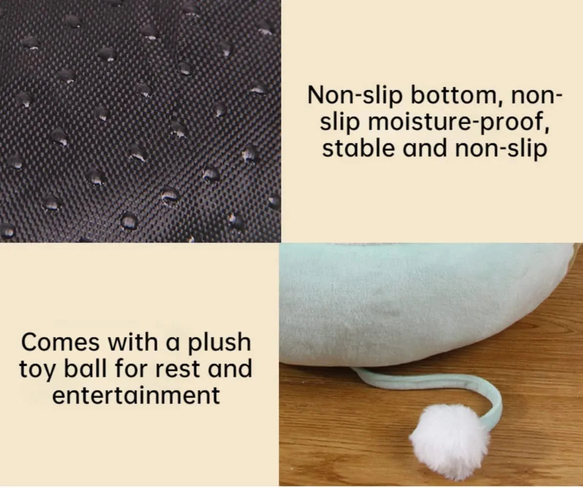 Green chick-shaped cat bed shown both flat and hanging as a hammock, suitable for small pets.