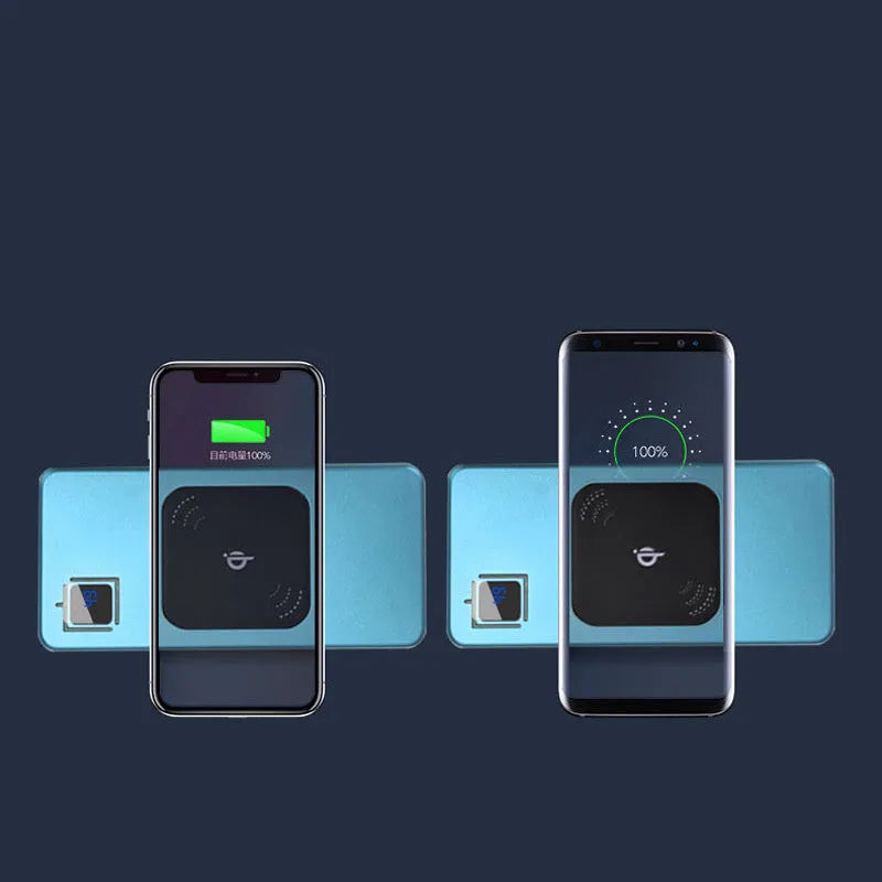 Black portable power bank with LCD display showing battery level.