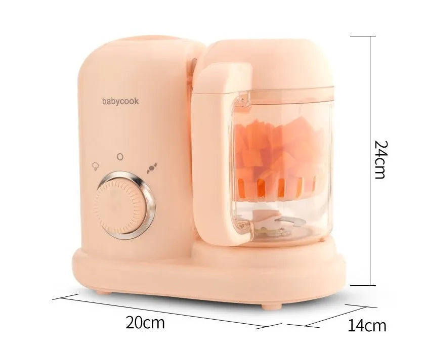 Green and pink baby food processor with steamer and blender functions, showing double mixing blades.