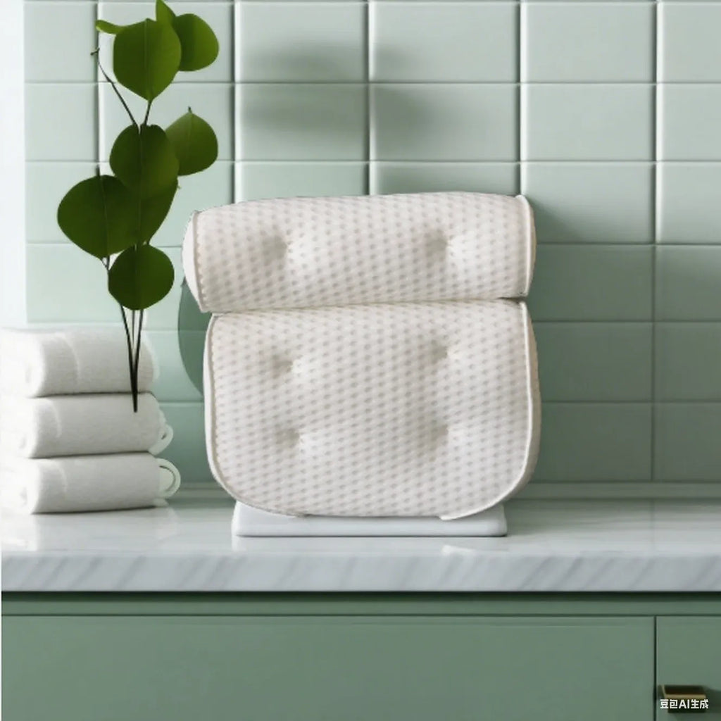 White bathtub pillow with suction cups on a 4D mesh cover.