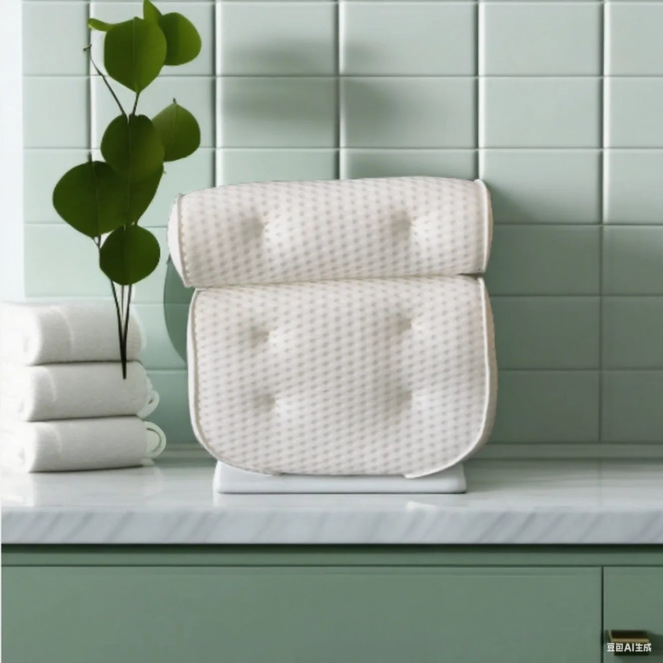 White bathtub pillow with suction cups on a 4D mesh cover.