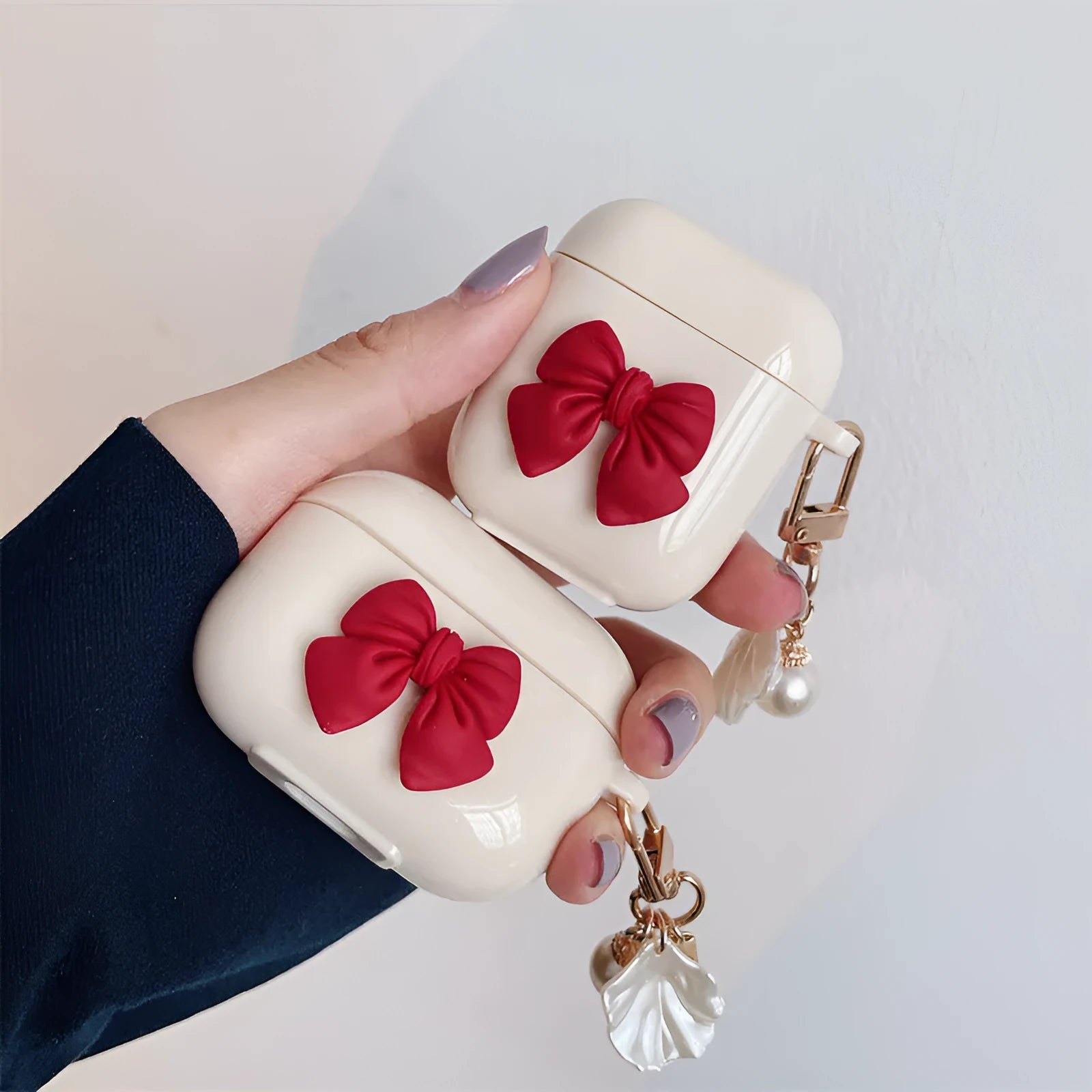 Beige red bow shell TPU protective case for AirPods Pro wireless earphones with clamshell opening