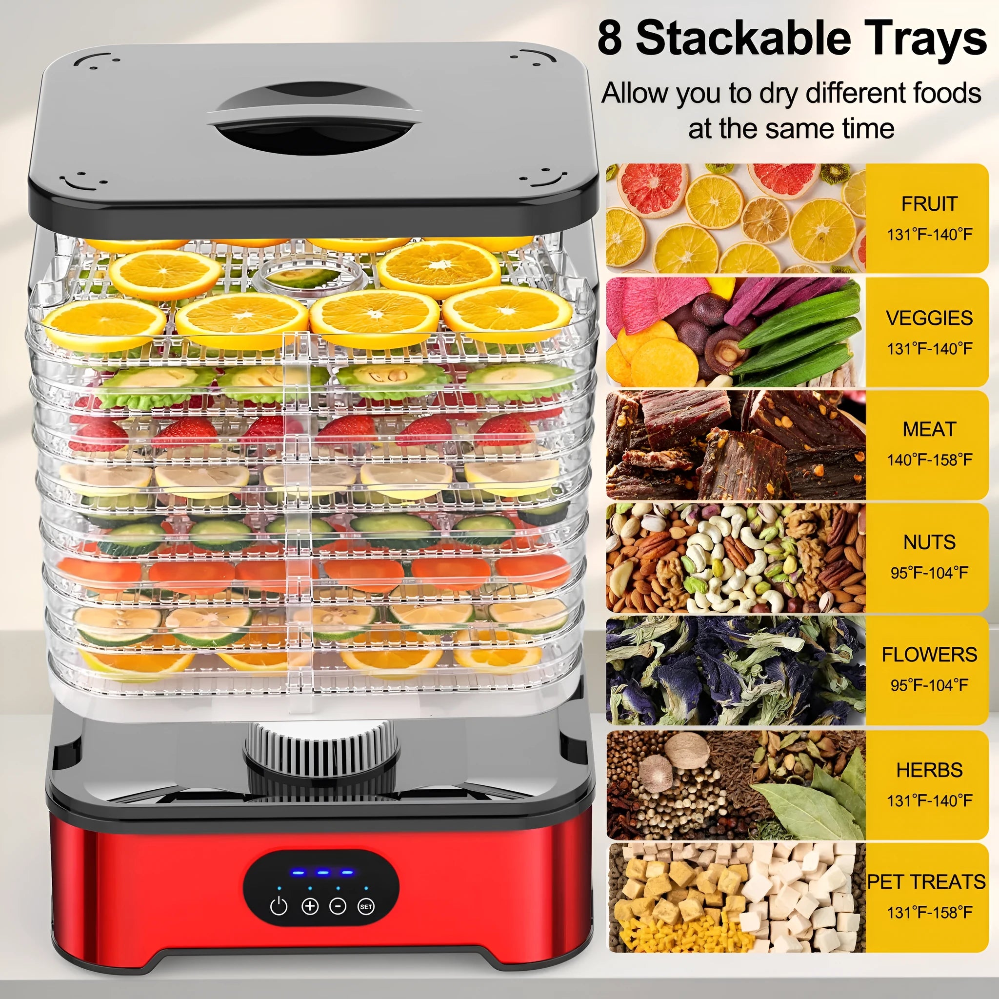 Silver or red household food dehydrator with 8 drying trays, showing compact design.