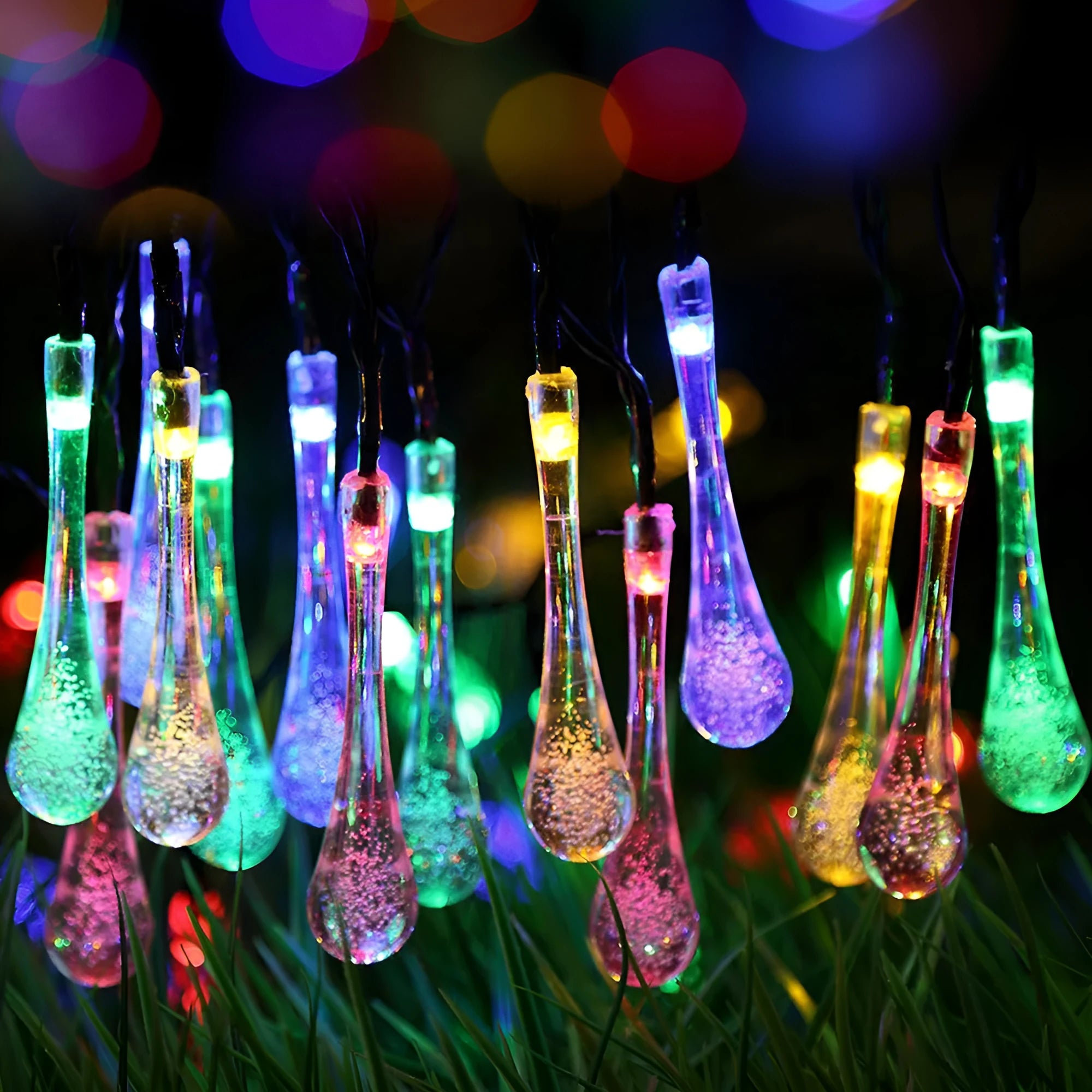 Solar-powered outdoor LED string lights with water drop pendants on 6.5 metre cable