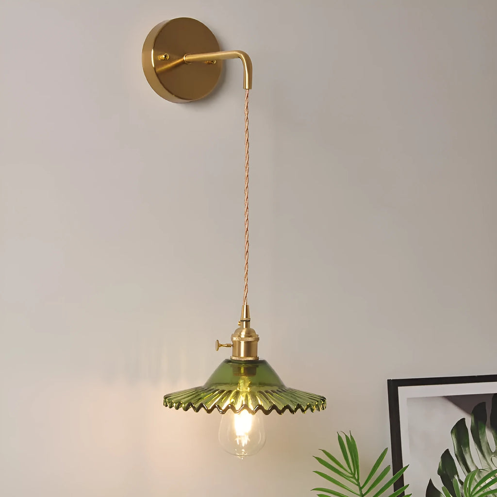 Retro brass lotus wall lamp with glass shade in various colour options