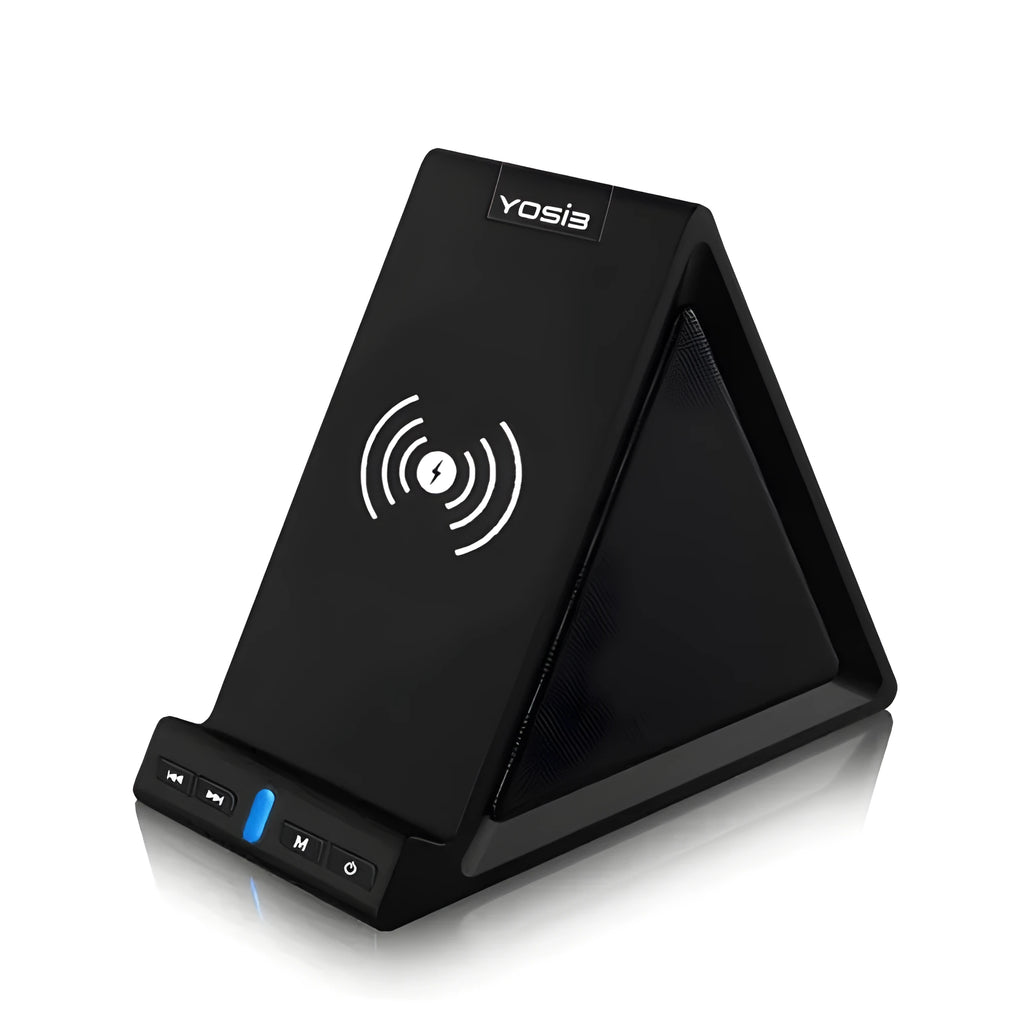 Black ABS multifunctional Bluetooth speaker with integrated mobile phone stand and 2000mAh power bank