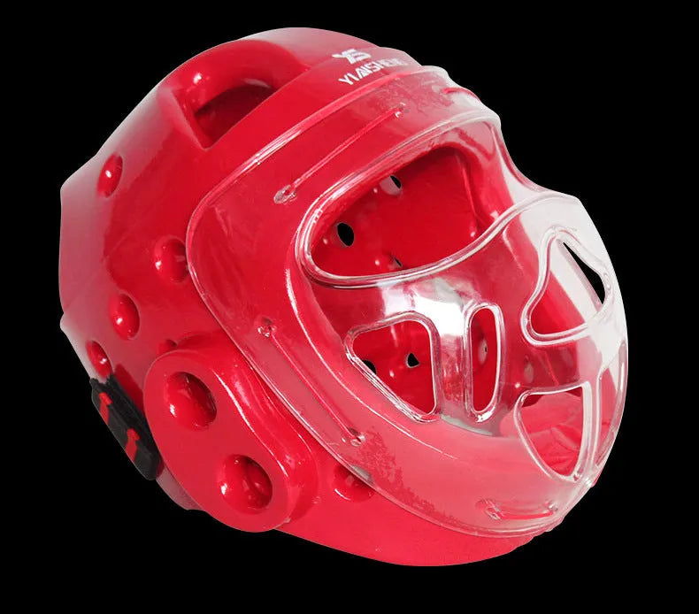 A karate helmet for boxing head protection, shown in white, blue, and red colour options.