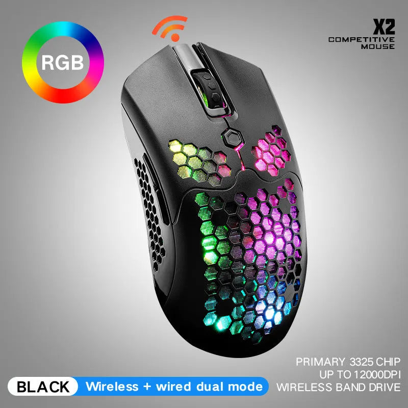 Free Wolf X2 wireless RGB gaming mouse with honeycomb shell in yellow colour on a desk.