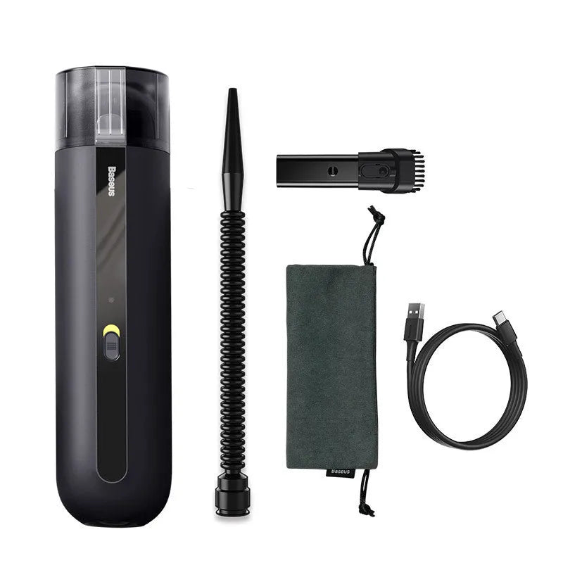 Wireless handheld car vacuum cleaner in black, white, or green with blowing hose attachment.
