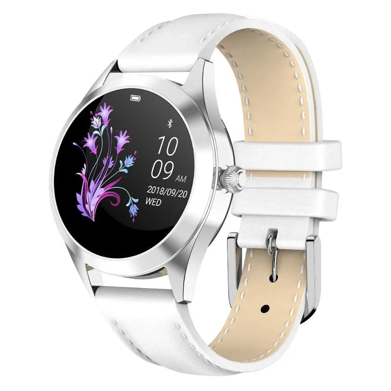 Women's sports smartwatch showing heart rate monitoring and waterproof features in black, silver, rose gold, and white colours
