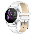 Women's sports smartwatch showing heart rate monitoring and waterproof features in black, silver, rose gold, and white colours
