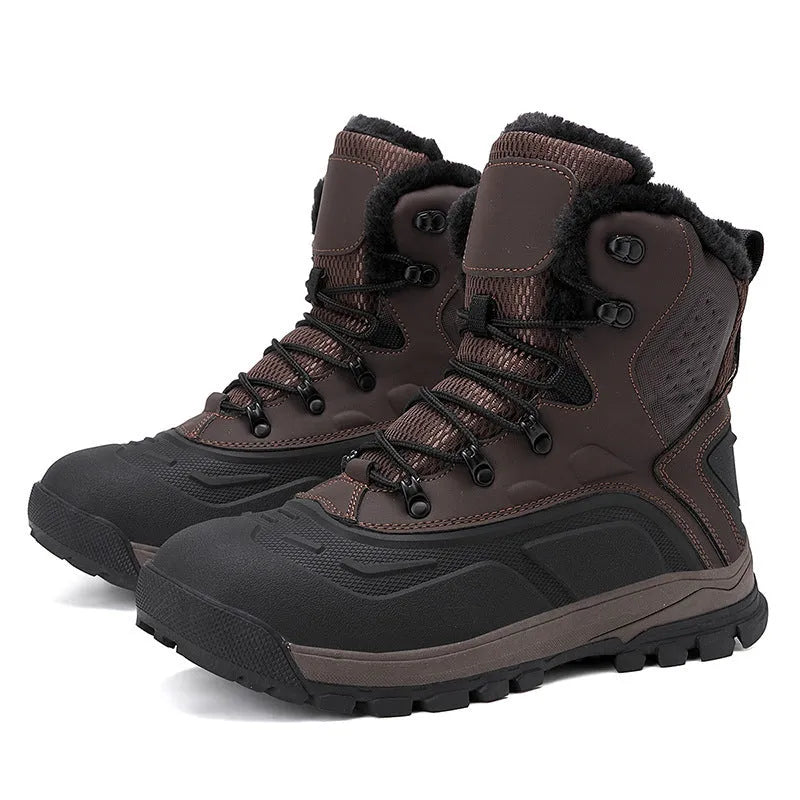 Fleece-lined high-top lace-up men's boots in black plus velvet or khaki, flat heel.